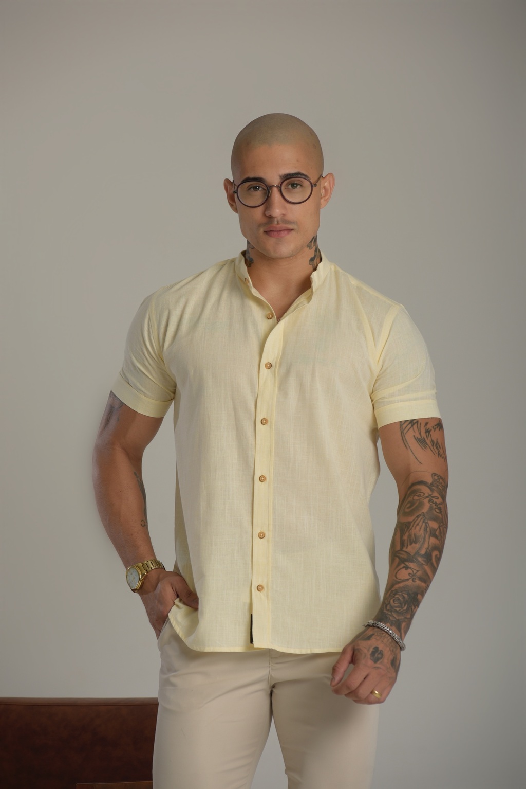 Camisa Slim Manga Curta Linho Amarela - Gola Padre - Conquest - loja online