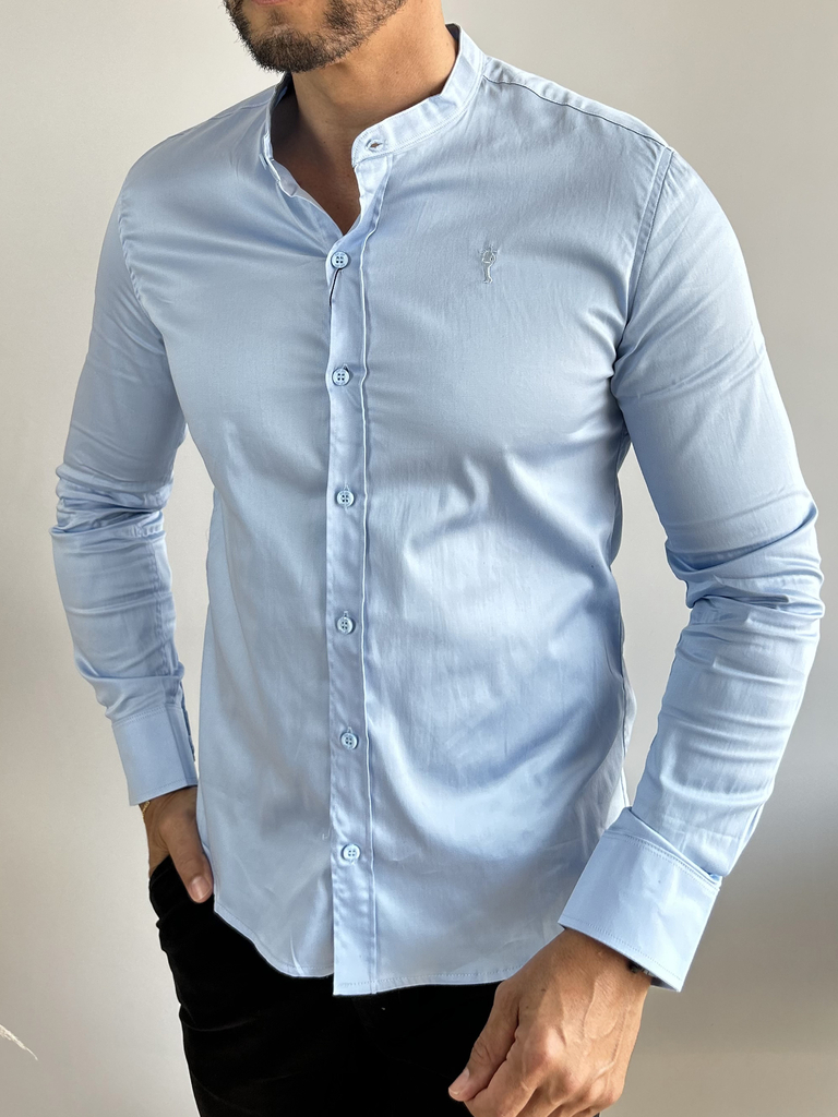 Camisa Acetinada Slim Fit Azul Bebê - Gola Padre - Zip Off