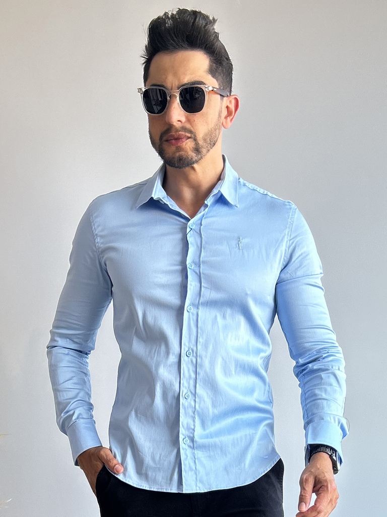 Camisa Social Acetinada Slim Azul Bebê - Zip Off - Kamarim Patos