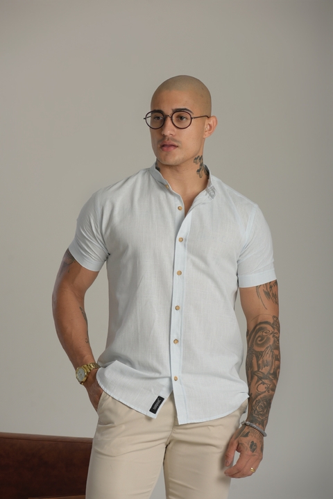 Camisa Slim Manga Curta Linho Azul Claro - Gola Padre - Conquest na internet