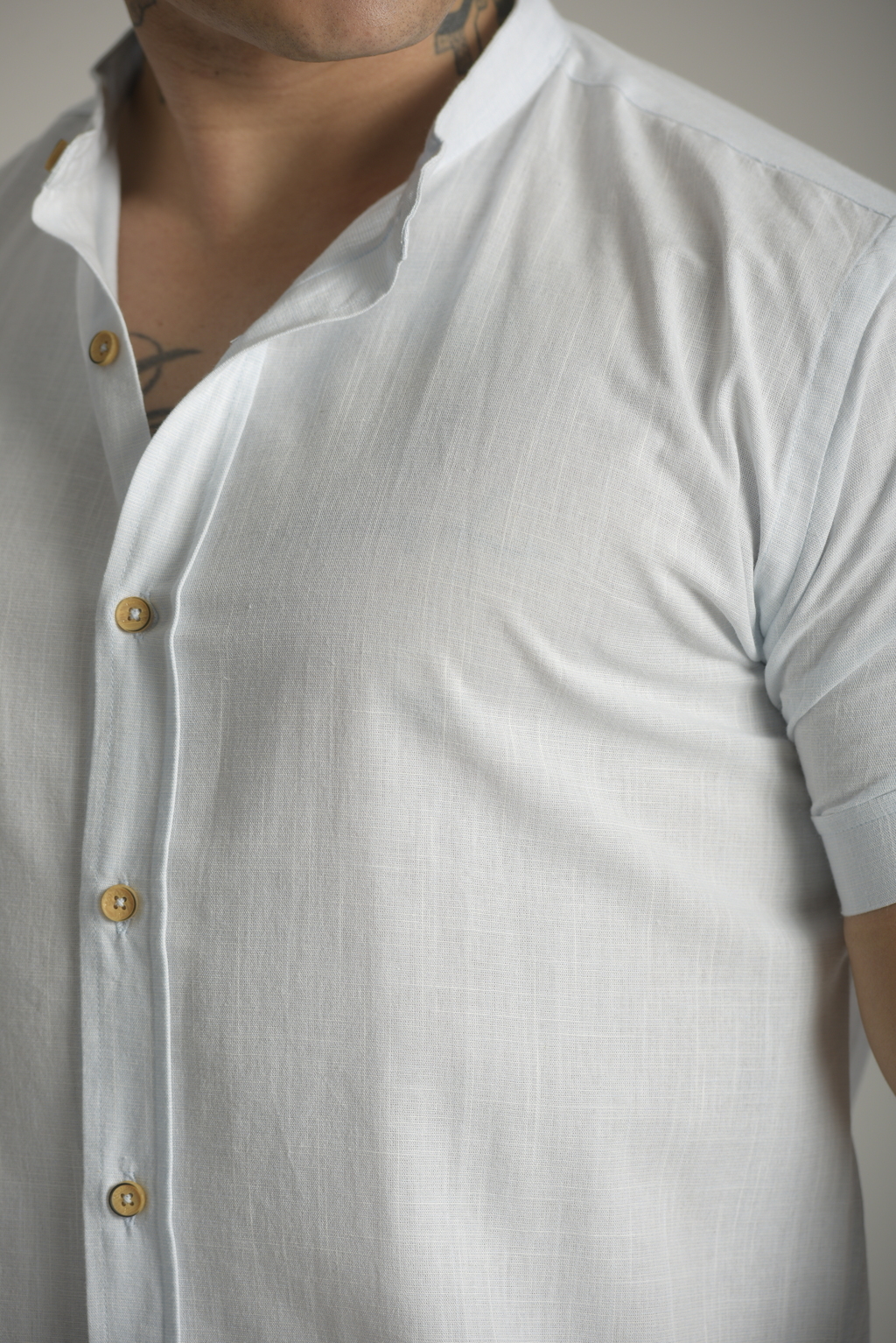 Camisa Slim Manga Curta Linho Azul Claro - Gola Padre - Conquest