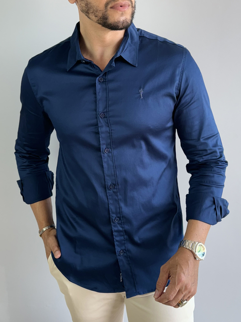 Camisa Social Acetinada Slim Azul Marinho - Zip Off