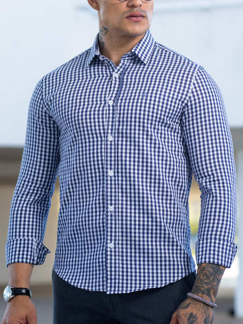 Camisa Slim Xadrez M. Longa Azul / Branco - Conquest