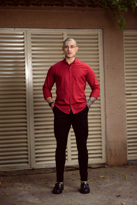 Camisa Maldivas Slim Linho Flamê Vermelho Borgonha - Gola Padre - Conquest na internet