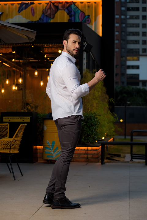 Camisa Slim Linho Flamê Branca Listrada Azul - Conquest - comprar online
