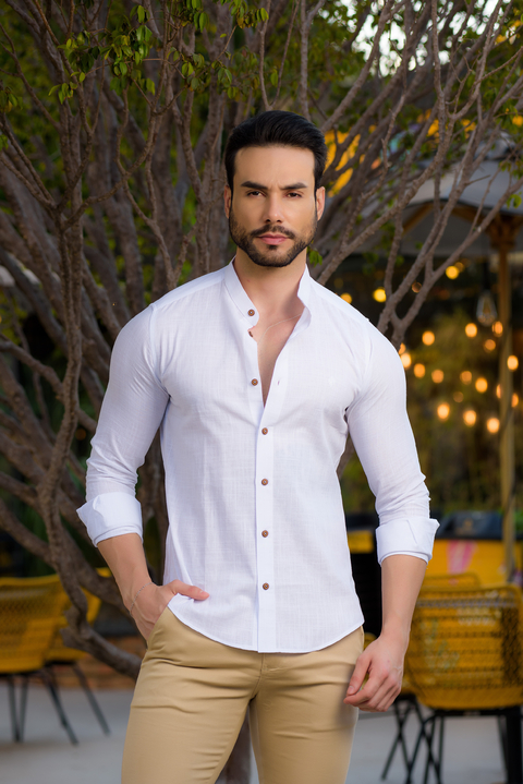 Camisa Maldivas Slim Linho Flamê Branca - Gola Padre - Conquest na internet