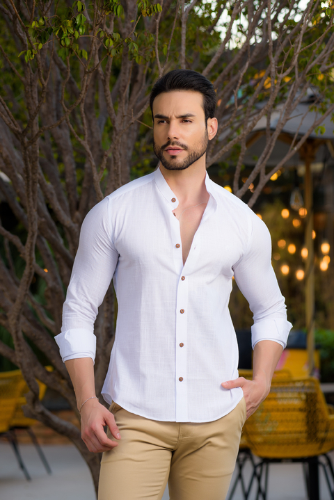 Camisa Maldivas Slim Linho Flamê Branca - Gola Padre - Conquest - loja online