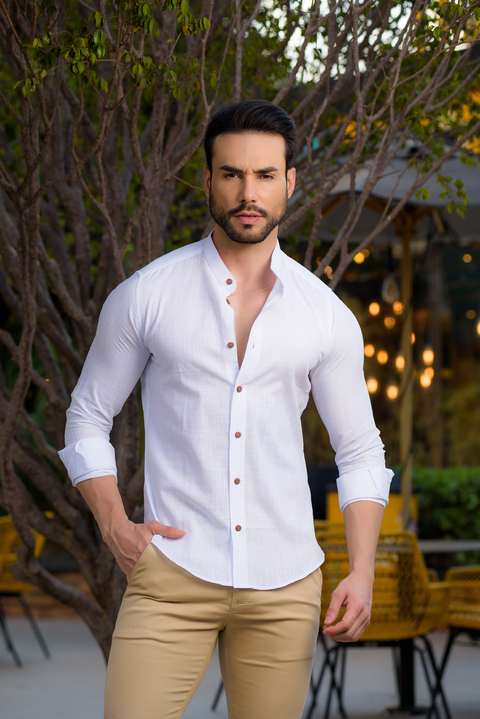 Camisa Maldivas Slim Linho Flamê Branca - Gola Padre - Conquest - comprar online
