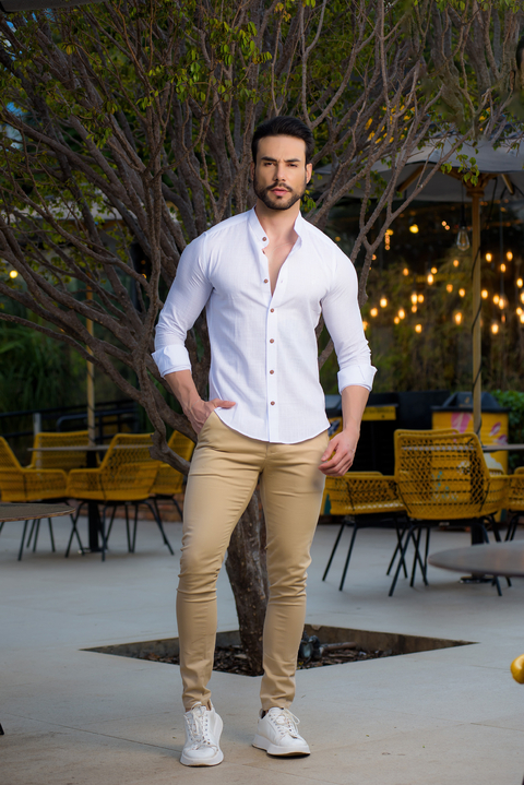 Camisa Maldivas Slim Linho Flamê Branca - Gola Padre - Conquest - loja online