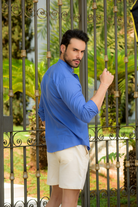 Camisa Maldivas Slim Linho Flamê Azul Maya - Gola Padre - Conquest na internet