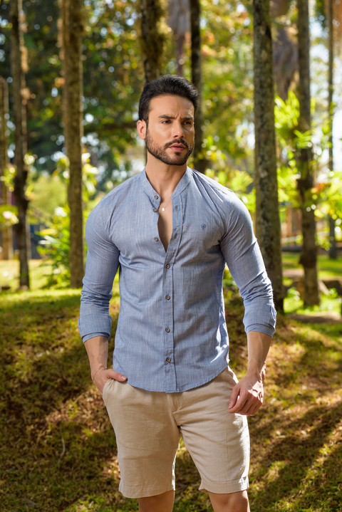 Camisa Aruba Slim Linho Flamê Azul Acero - Gola Padre - Conquest - Kamarim Patos