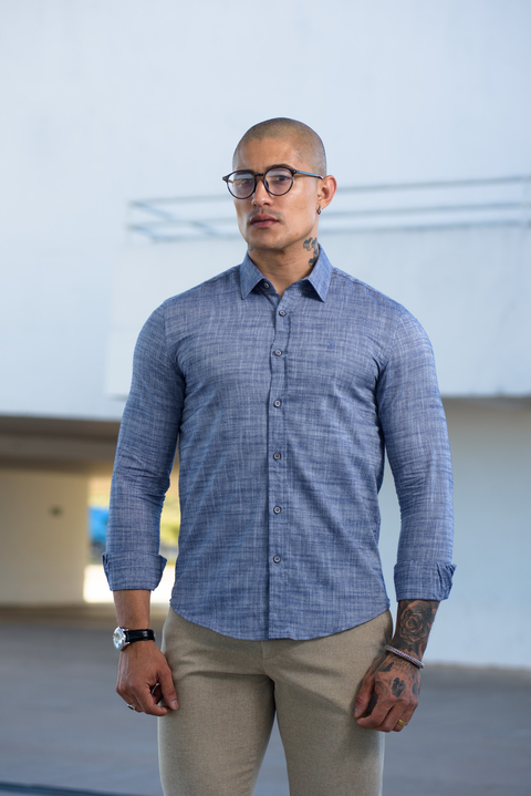 Camisa Ibiza Slim Linho Flamê Azul Aqua - Conquest - Kamarim Patos