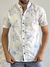 Camisa Slim Manga Curta Linho Branca Estampa Azul - Gola Padre - Tzn