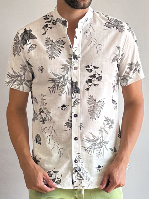 Camisa Slim Manga Curta Linho Branca Estampa Preta 010 - Gola Padre - Tzn