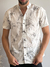 Camisa Slim Manga Curta Linho Branca Estampa Preta 020 - Gola Padre - Tzn
