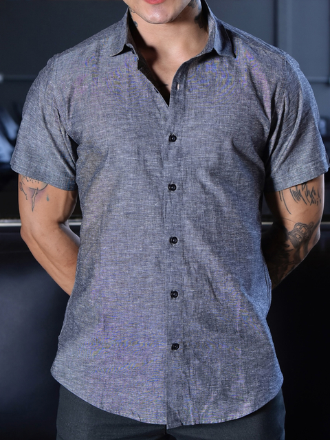 Camisa Slim Manga Curta Cinza Chumbo Mescla - Conquest
