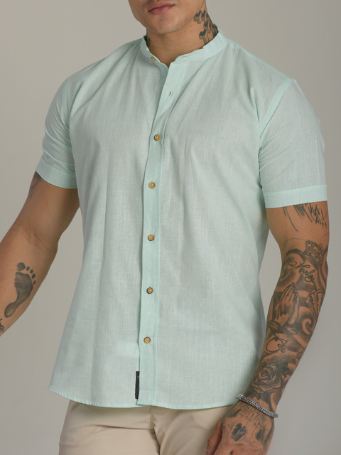 Camisa Slim Manga Curta Linho Verde Claro - Gola Padre - Conquest