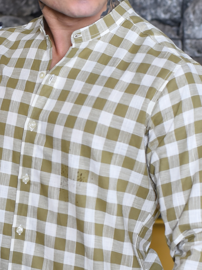 Camisa Slim Fit Linho Xadrez Ocre - Gola Padre - Conquest - loja online