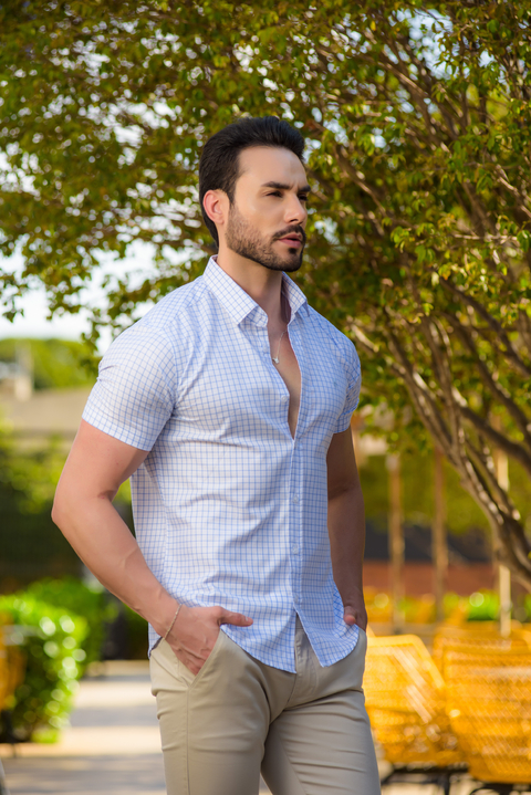 Camisa Slim Manga Curta Branca Quadriculada Azul - Conquest - loja online