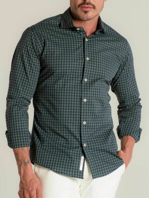 Camisa Slim Xadrez M. Longa Verde / Azul - OXG - comprar online