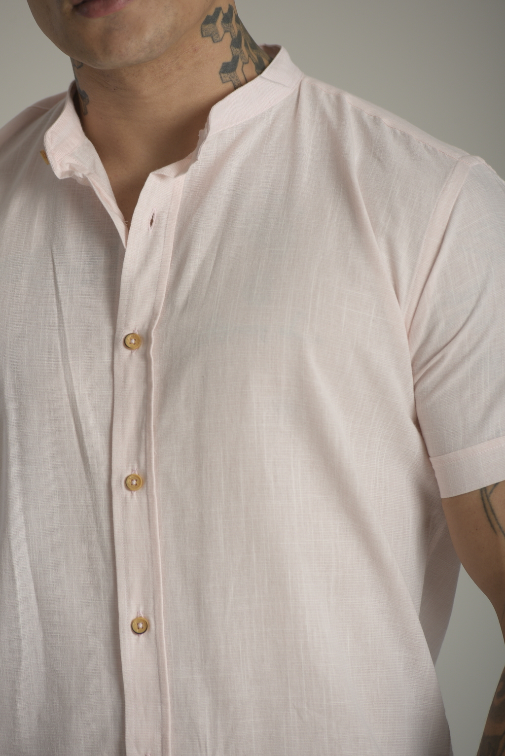 Camisa Slim Manga Curta Linho Rosa - Gola Padre - Conquest - loja online