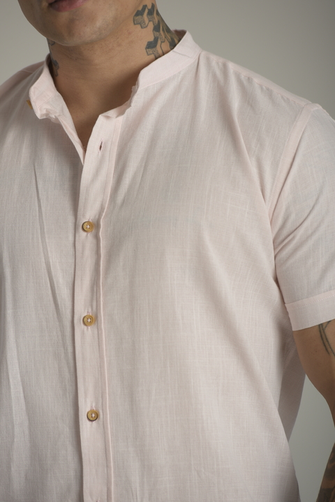 Camisa Slim Manga Curta Linho Rosa - Gola Padre - Conquest - loja online