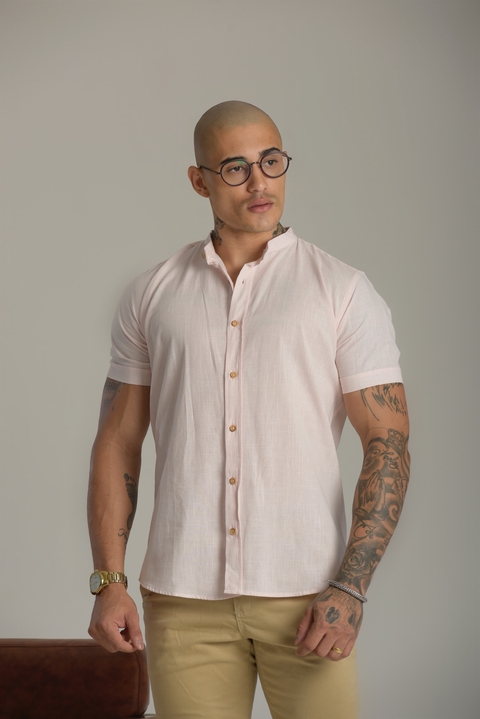 Camisa Slim Manga Curta Linho Rosa - Gola Padre - Conquest