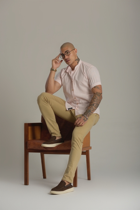Camisa Slim Manga Curta Linho Rosa - Gola Padre - Conquest - Kamarim Patos