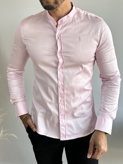 Camisa Acetinada Slim Fit Rosa Bebê - Gola Padre - Zip Off