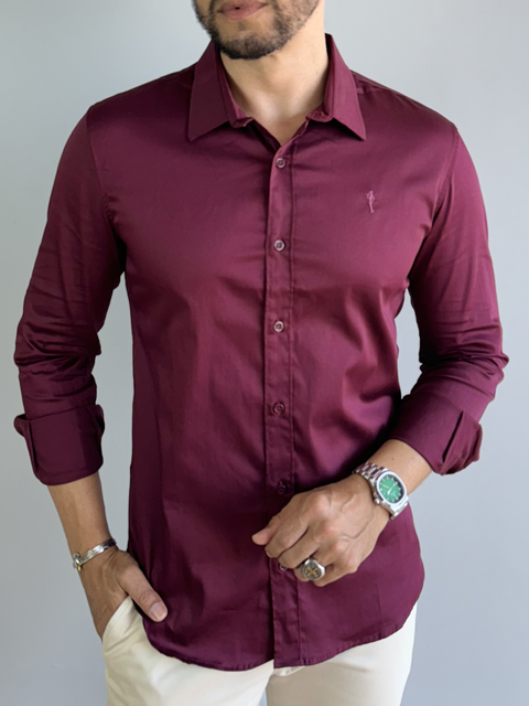 Camisa Social Acetinada Slim Vinho - Zip Off