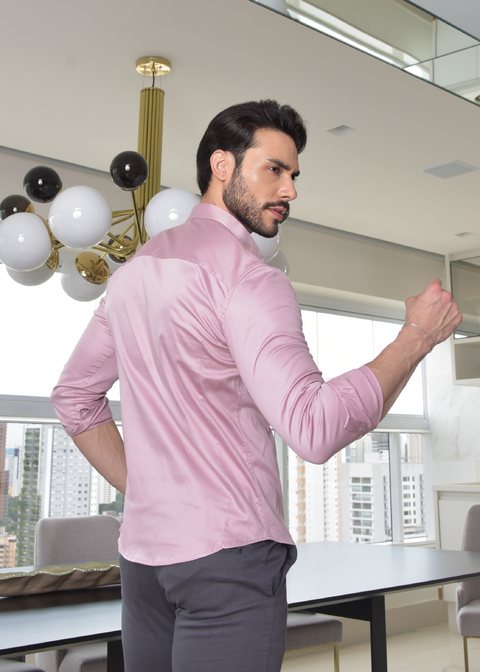 Camisa Social Slim M. Longa Acetinada Rosê - Conquest - Kamarim Patos