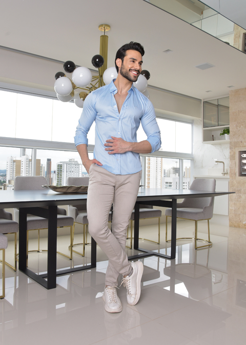 Camisa Social Slim M. Longa Acetinada Azul Claro - Conquest na internet