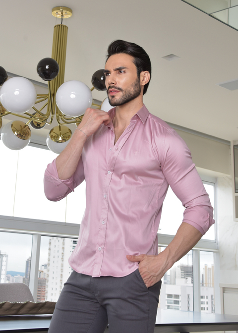 Camisa Social Slim M. Longa Acetinada Rosê - Conquest - loja online