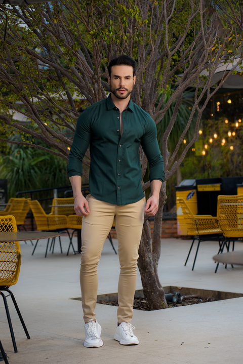 Camisa Social Slim Oxford Verde Floresta - Conquest - Kamarim Patos