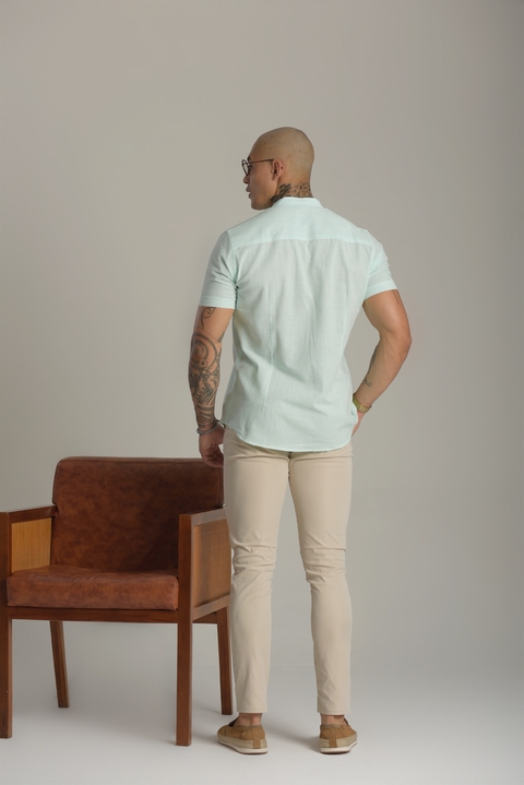 Camisa Slim Manga Curta Linho Verde Claro - Gola Padre - Conquest - loja online
