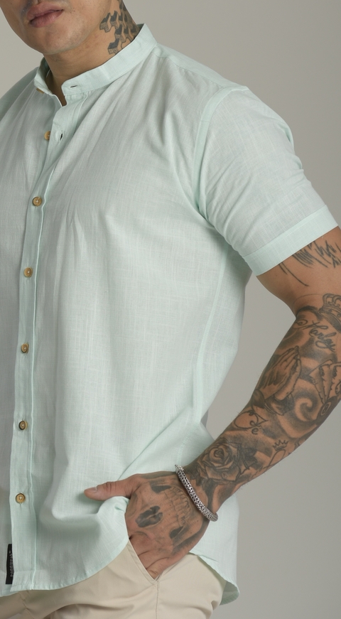 Camisa Slim Manga Curta Linho Verde Claro - Gola Padre - Conquest na internet