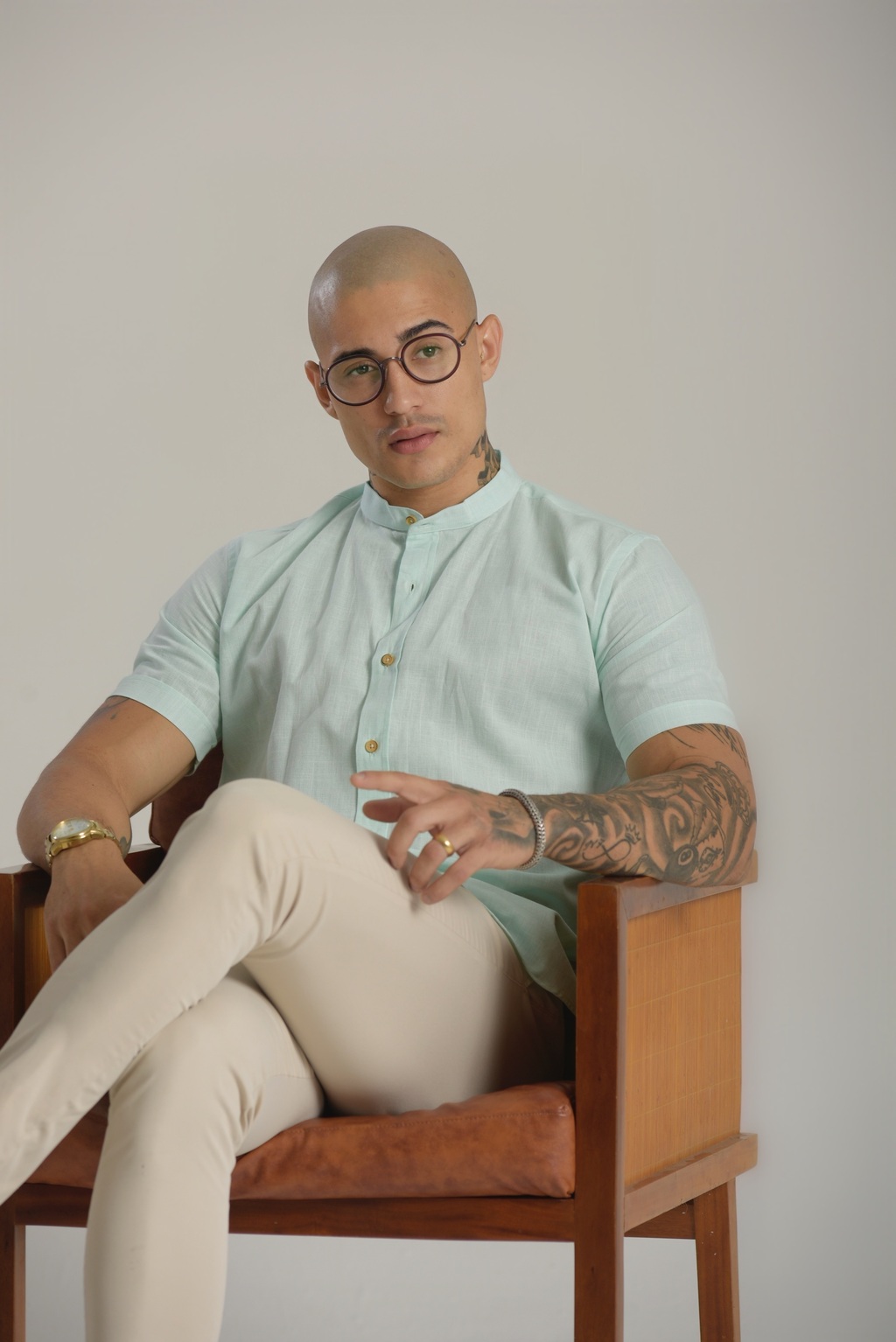 Camisa Slim Manga Curta Linho Verde Claro - Gola Padre - Conquest