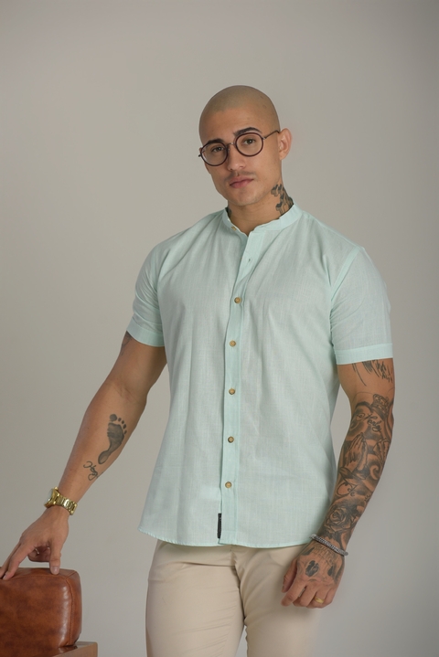 Camisa Slim Manga Curta Linho Verde Claro - Gola Padre - Conquest - comprar online