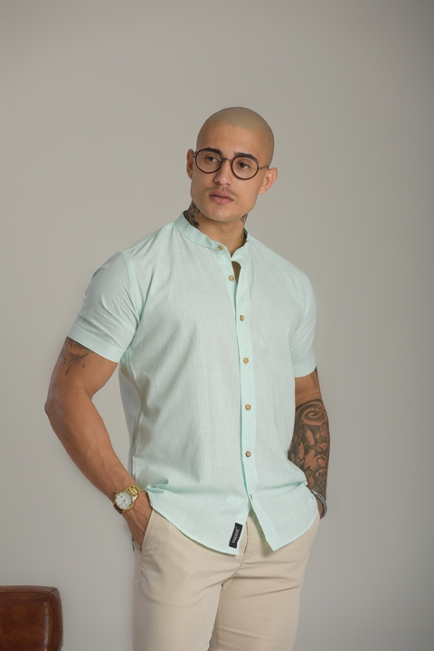 Camisa Slim Manga Curta Linho Verde Claro - Gola Padre - Conquest na internet