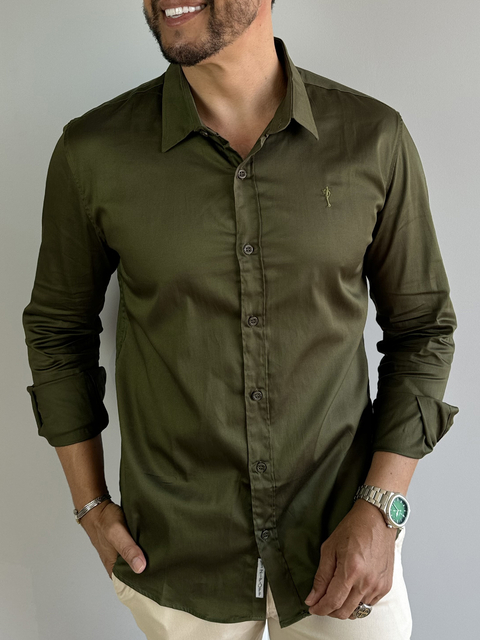 Camisa Social Acetinada Slim Verde Militar - Zip Off
