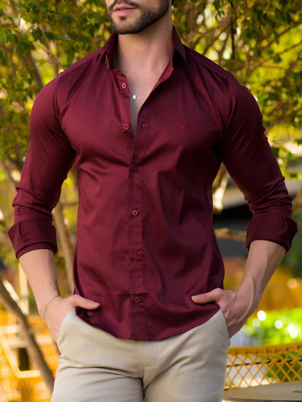 Camisa Social Slim M. Longa Acetinada Vinho - Conquest