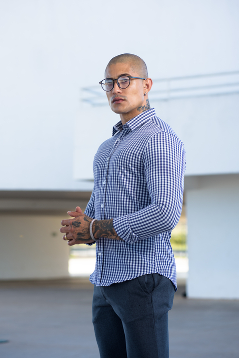 Camisa Slim Xadrez M. Longa Azul / Branco - Conquest na internet