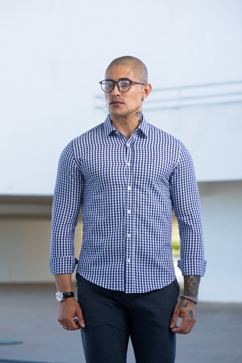 Camisa Slim Xadrez M. Longa Azul / Branco - Conquest - Kamarim Patos
