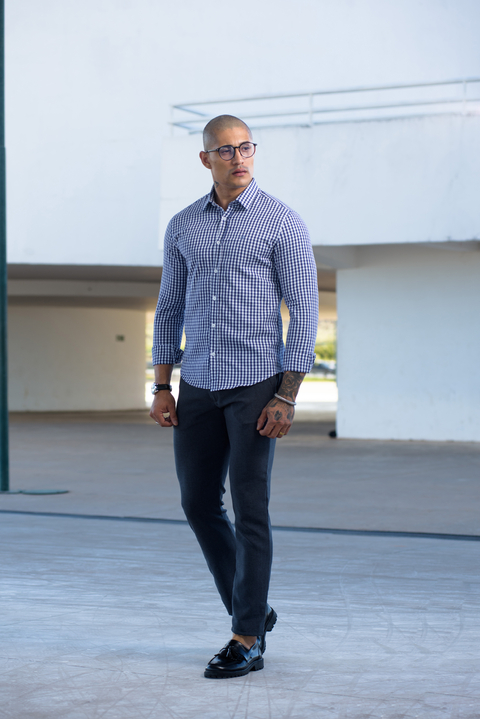 Camisa Slim Xadrez M. Longa Azul / Branco - Conquest - loja online