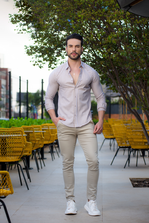 Camisa Slim Xadrez M. Longa Branco / Bege - Conquest - Kamarim Patos