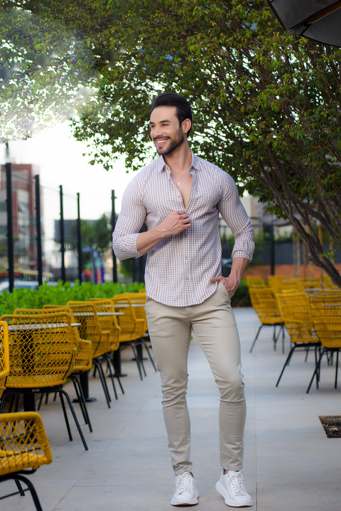 Camisa Slim Xadrez M. Longa Branco / Bege - Conquest