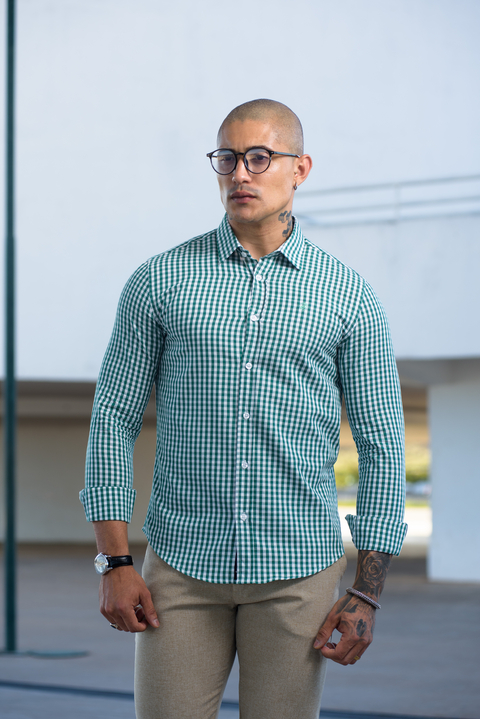 Camisa Slim Xadrez M. Longa Verde / Branco - Conquest - comprar online