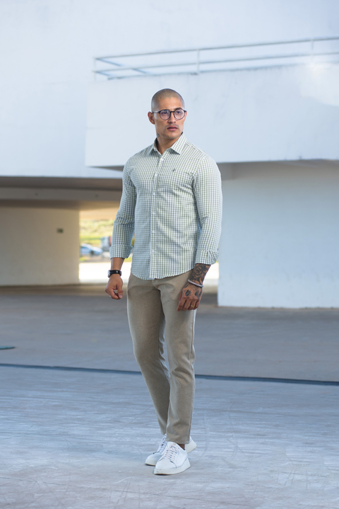 Camisa Slim Xadrez M. Longa Verde Matte / Branco - Conquest na internet