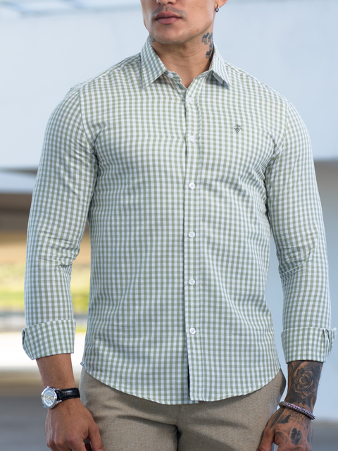 Camisa Slim Xadrez M. Longa Verde Matte / Branco - Conquest