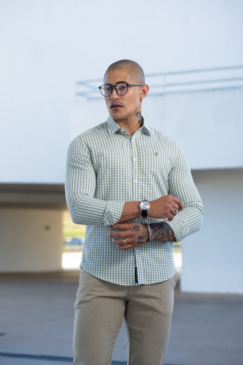 Camisa Slim Xadrez M. Longa Verde Matte / Branco - Conquest